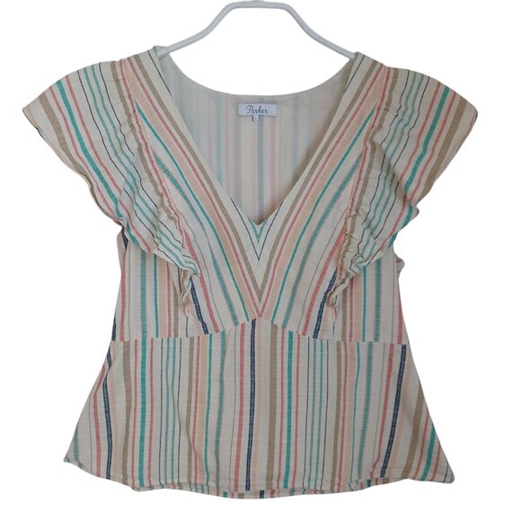 Parker Top Halsey Stripe V Neck Cotton Side Zip Pullover Womens Large - Picture 12 of 13